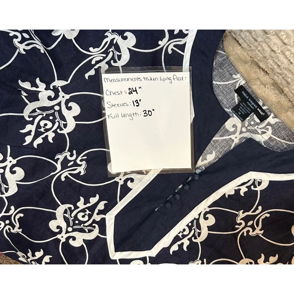 Saint Tropez West women's 100% linen navy tunic top 1X white print cottage core - Picture 4 of 5